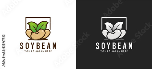 Soybean seed logo and natural green leaves, health food bean icon vector illustration