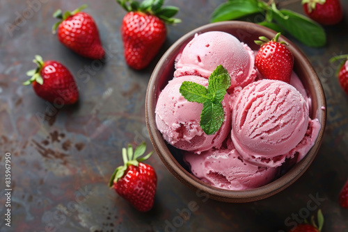 Homemade strawberry ice cream in a ceramic bowl, backyard garden background, top view, highlighting natural and fresh ingredients