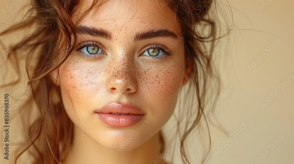 young woman s beauty face with natural makeup on beige background cosmetology beauty and spa fashionable skin highlighter .hight relustion young woman s beauty face with natural makeup on beige background cosmetology beauty and spa fashionable skin highlighter .hight relustion