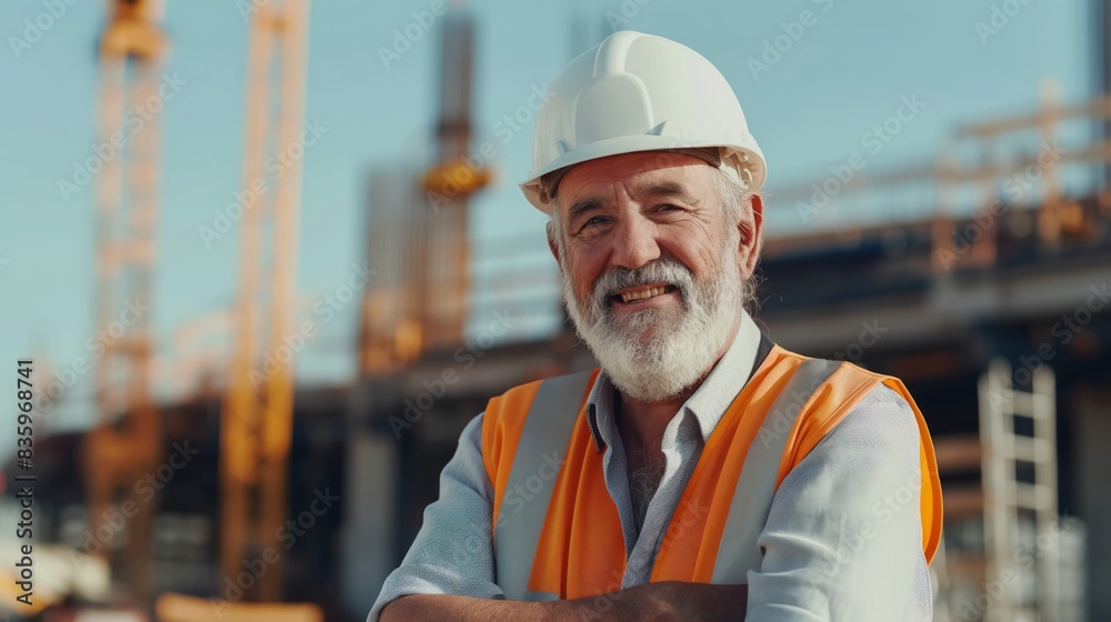 Senior Construction Worker in Hard Hat and Safety Vest Smiling at Construction Site Under the Blue Sky Senior Construction Worker in Hard Hat and Safety Vest Smiling at Construction Site Under the Blue Sky