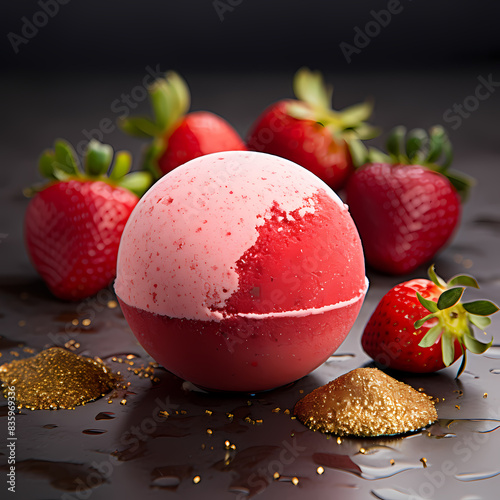 A red and pink bath bomb sits on a table with a bunch of strawberries photo