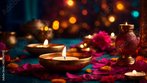 Diwali background design with diya lamp featuring a unique combination of bold shapes and patterns