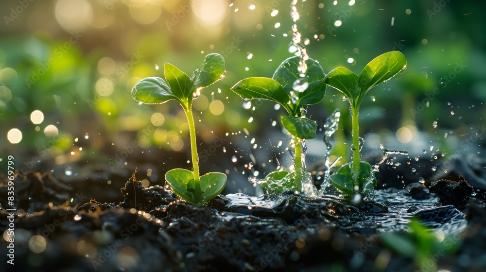 Watering seedlings with water in the morning sun. Springtime plant care concept. Water splashing over leaves and roots, natural organic farm nature background. Watering seedlings with water in the morning sun. Springtime plant care concept. Water splashing over leaves and roots, natural organic farm nature background.