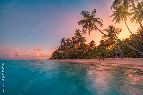 Fototapeta Naklejka Na Ścianę i Meble -  Summer island palm tree sea sand beach. Panoramic beach landscape. Inspire tropical nature seascape horizon. Orange golden sunset sky clouds. Tranquil shore relax beachfront resort. Vacation travel