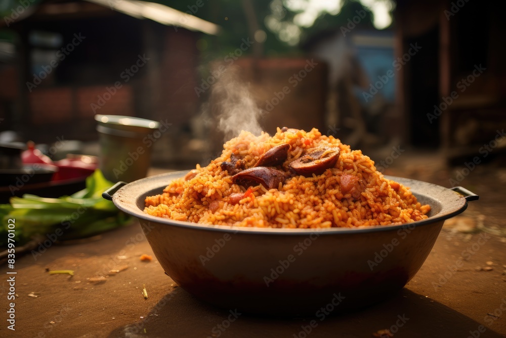 Nigerian jollof rice presented in a lively West African village setting. Nigerian jollof rice presented in a lively West African village setting.