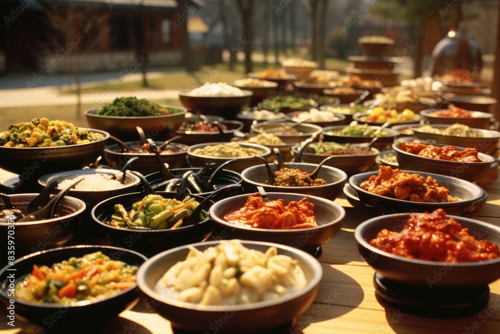 South Korean banchan dishes arranged on a Hanok village patio. South Korean banchan dishes arranged on a Hanok village patio.