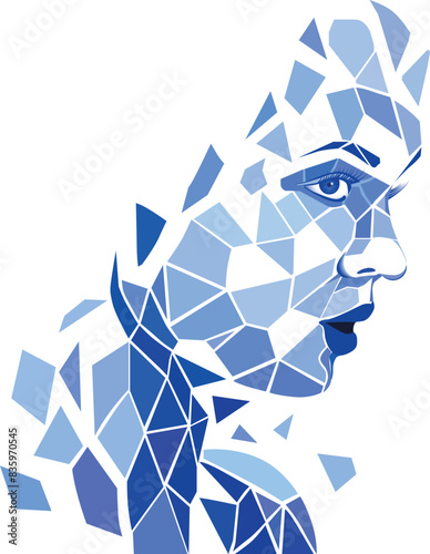Graphic girl in blue tones, symbolizing cold, frost. A girl disintegrating into ice crystals. On a white background. Background excluded