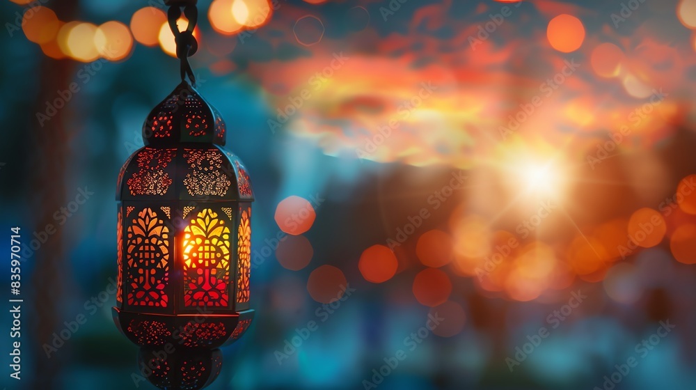 Glowing lantern hanging on blur background
