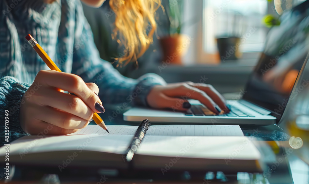 Student writing notes from online class on notebook with laptop, studying e-learning course, planning business event, making to-do list reminder Student writing notes from online class on notebook with laptop, studying e-learning course, planning business event, making to-do list reminder