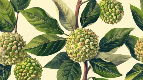 Seamless annona squamosa fruit pattern with leaves. photo