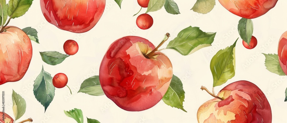 Seamless apple pattern with leaves. Tropical fruit pattern for textile design, wallpaper, and packaging. Seamless apple pattern with leaves. Tropical fruit pattern for textile design, wallpaper, and packaging.