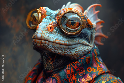 Humorous Dragon in Victorian Attire with Monocle and Scarf