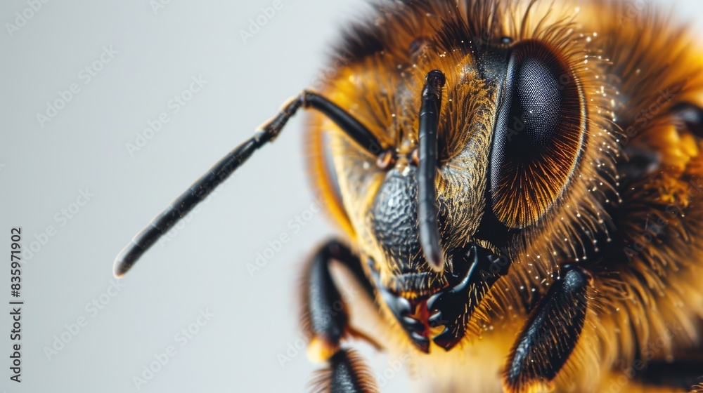 A sharp close-up of a worker bee, showing its intricate details and texture on a white background A sharp close-up of a worker bee, showing its intricate details and texture on a white background