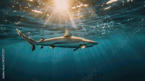 A sleek blacktip shark swimming near the surface of the ocean, with sunlight creating a dazzling effect on the water photo