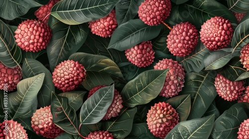 Seamless lychee pattern with leaves. Tropical fruit pattern for textile design, wallpaper, and packaging. 