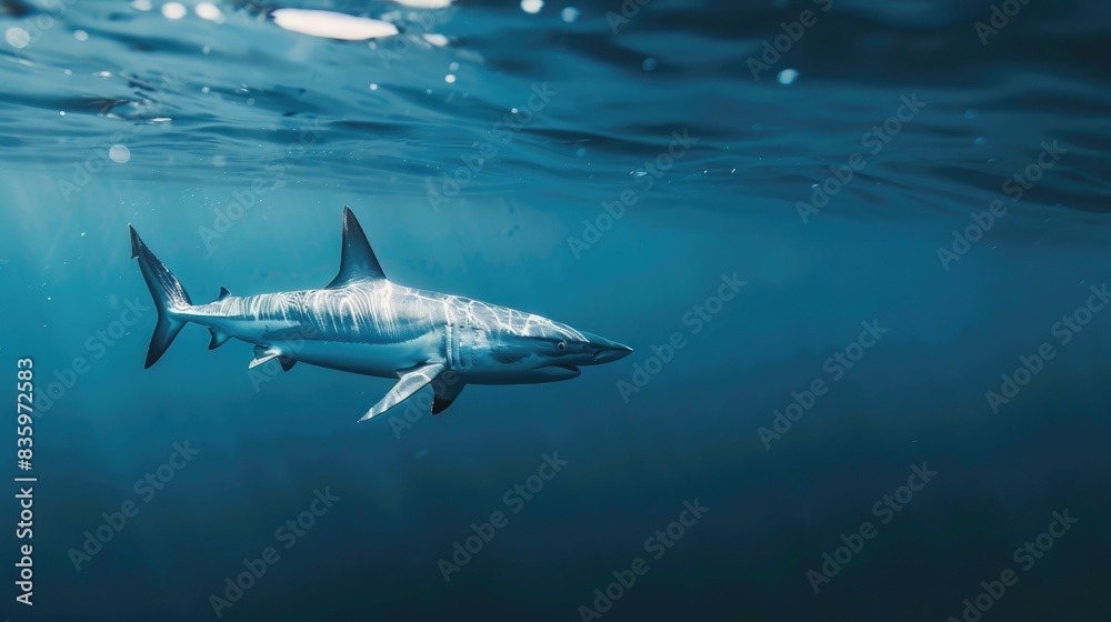 A solitary mako shark cruising through the open sea, its streamlined body and sharp fins cutting through the water A solitary mako shark cruising through the open sea, its streamlined body and sharp fins cutting through the water