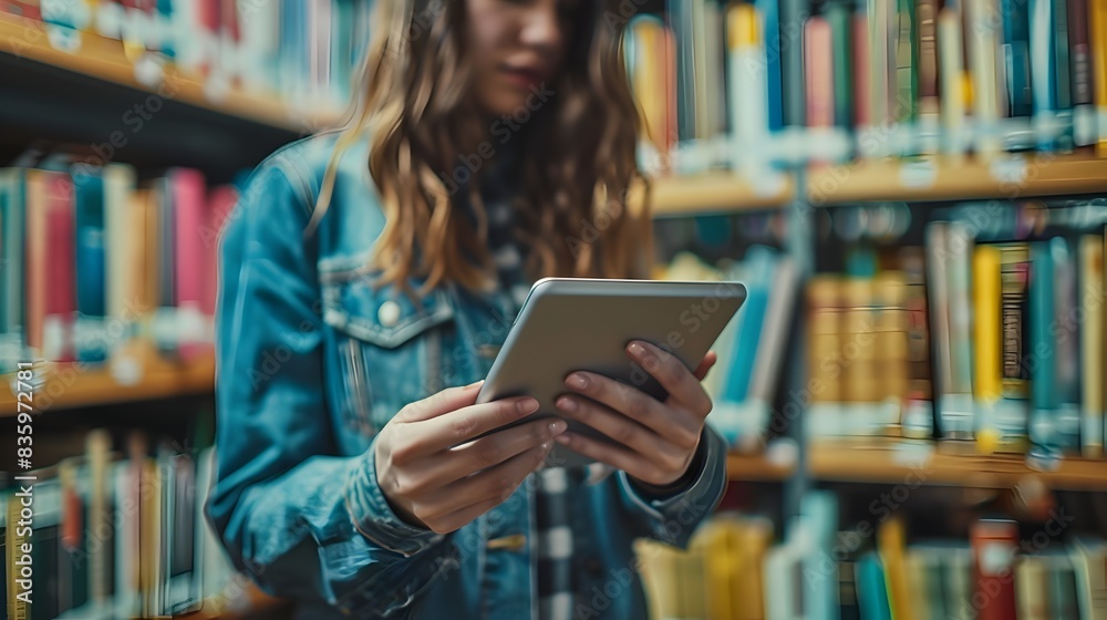 Student Using Digital Tablet to Study with Interactive Textbooks and Resources in Educational Technology Concept Student Using Digital Tablet to Study with Interactive Textbooks and Resources in Educational Technology Concept