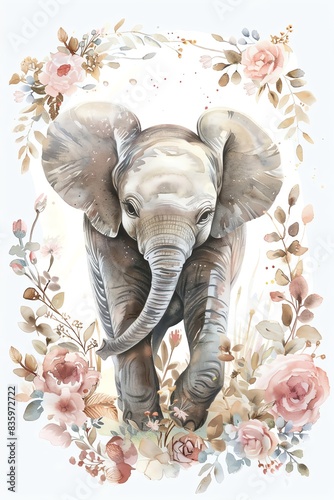 Baby elephant, watercolor floral border, watercolor illustration, isolate on white background, © Sirirat