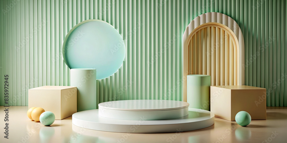 Modern and minimalist display features a variety of geometric shapes,including a podium,arch and spheres, against a vertically striped background. The colors are harmonious, with soft pastel tones.AI Modern and minimalist display features a variety of geometric shapes,including a podium,arch and spheres, against a vertically striped background. The colors are harmonious, with soft pastel tones.AI