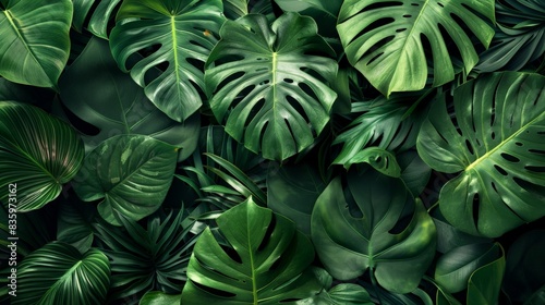 A composition of exotic green leaves with bold shapes  arranged artistically to form a natural abstract