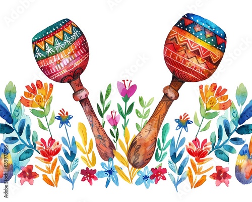 Cinco de Mayo maracas, watercolor floral border, watercolor illustration, isolate on white background,