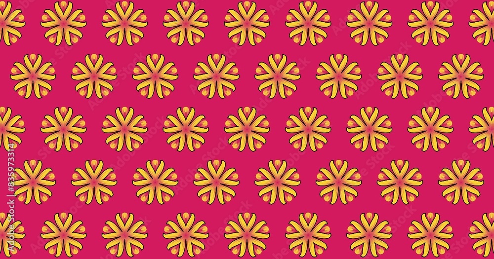 The image features a repeating pattern of yellow floral motifs on a pink background. Each flower has a symmetrical design with petals radiating outwards and a slight gradient from yellow to orange The image features a repeating pattern of yellow floral motifs on a pink background. Each flower has a symmetrical design with petals radiating outwards and a slight gradient from yellow to orange