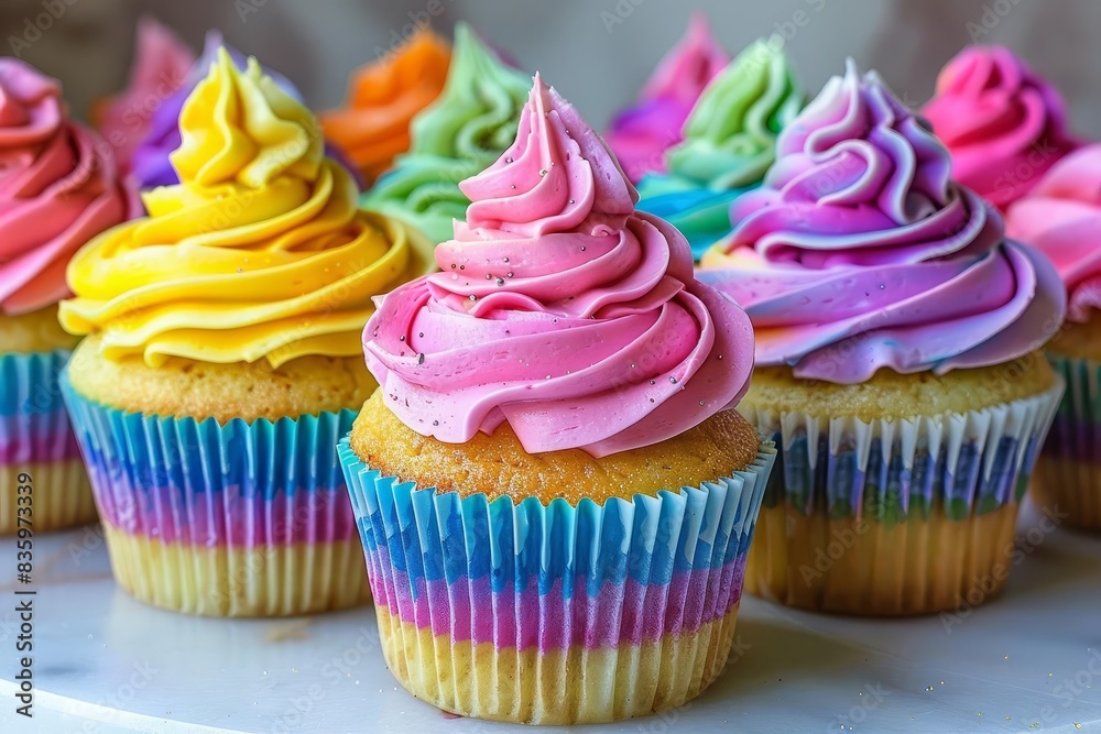 Closeup of pridethemed cupcakes with colorful frosting Closeup of pridethemed cupcakes with colorful frosting