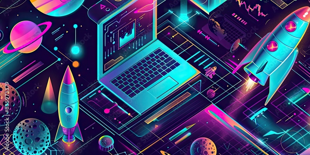 a image of a laptop computer surrounded by a bunch of space objects
