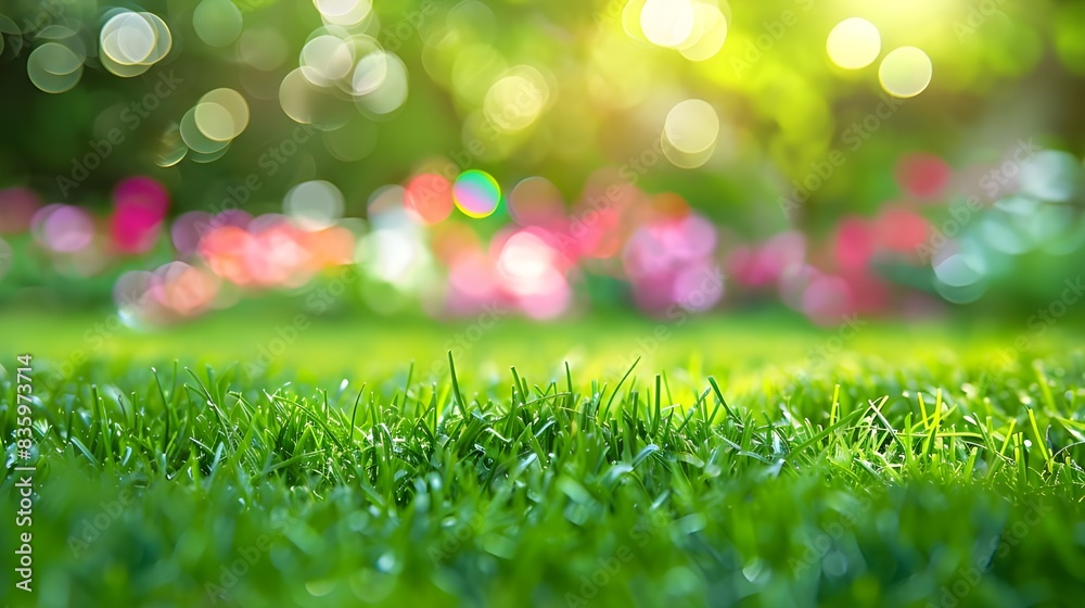 Obraz premium close up of green grass with blurred garden background 