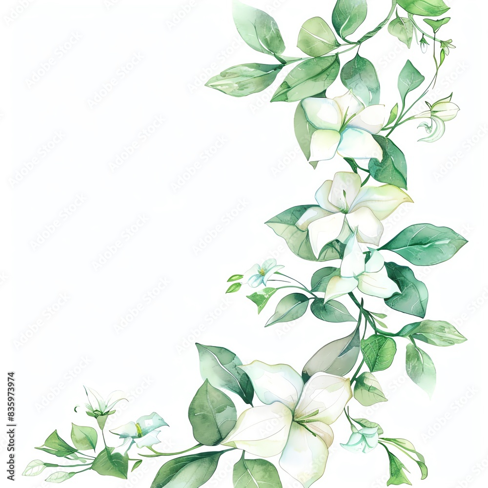 Fototapeta premium Jasmine, watercolor floral border, watercolor illustration, isolate on white background,