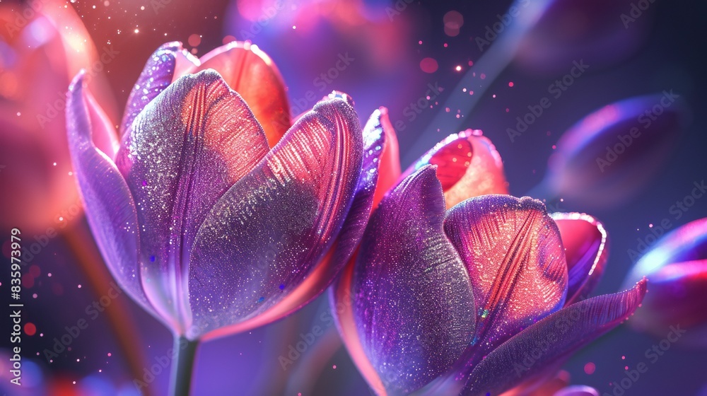 Radiant Hologram Tulips: Tulip petals in macro emit a radiant glow, adorned with mesmerizing holographic glitter. Radiant Hologram Tulips: Tulip petals in macro emit a radiant glow, adorned with mesmerizing holographic glitter.