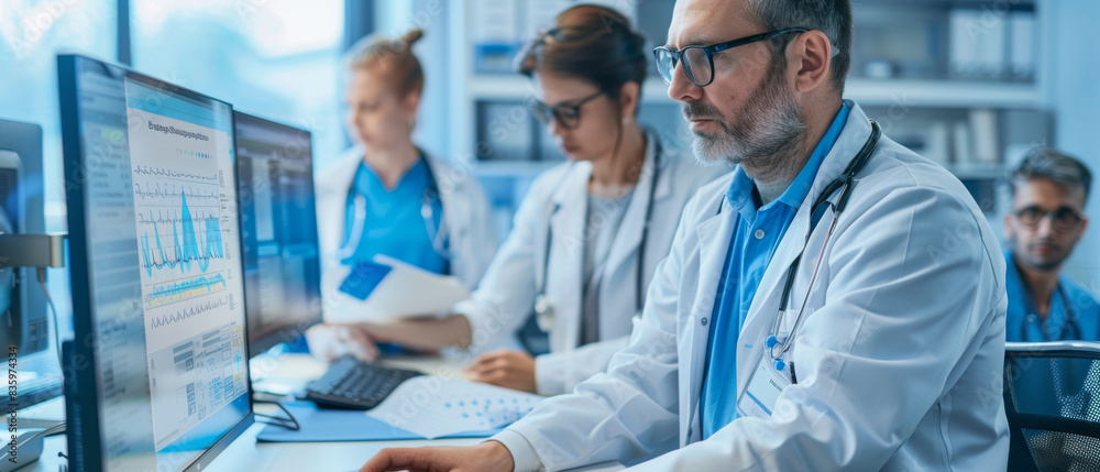 Healthcare professionals efficiently accessing electronic health records via computer systems. Healthcare professionals efficiently accessing electronic health records via computer systems.