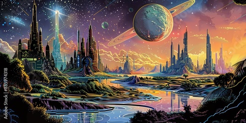 a image of a painting of a futuristic city with a river running through it