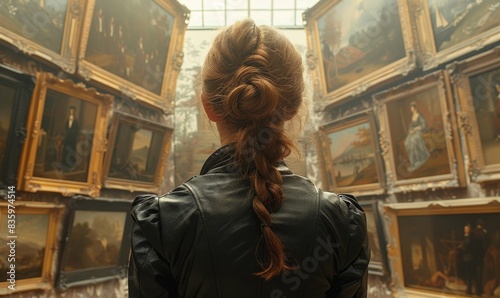 Back portrait of an adult woman looking at museum paintings in an old museum art gallery, Generative AI 