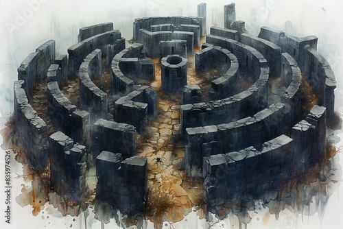 Circle maze inside dark stone dungeon of castle. Isometric view. Watercolor illustration in painting style.
