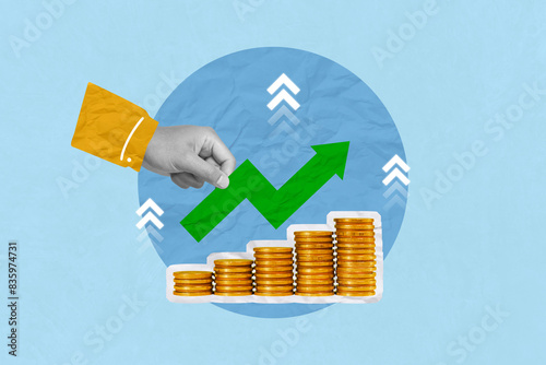 Creative art collage of hand holding upward arrows with increasing piles of coins Indicating sales profit. Invest,Investment,profit, saving money,finance and business strategy