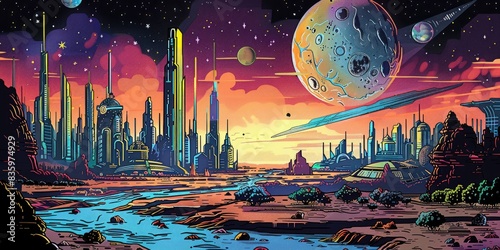 a image of a painting of a futuristic city with a river running through it