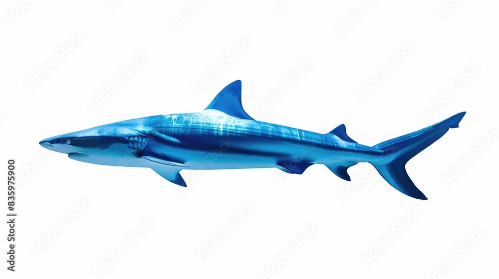Fototapeta premium A vibrant blue shark swimming gracefully, its sleek form highlighted against a pristine white background