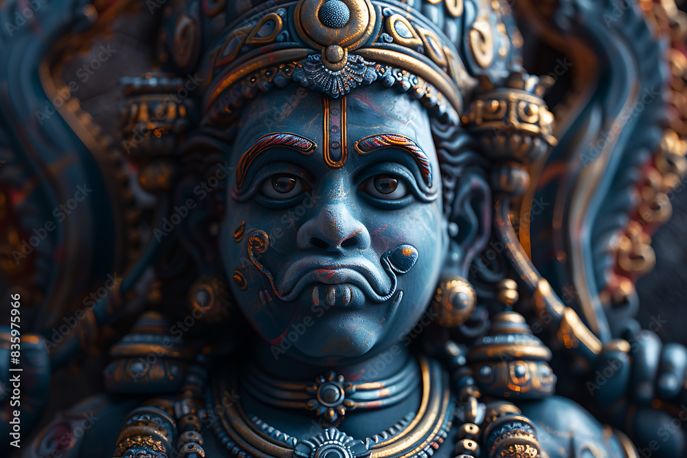 An intricately detailed statue of an Indian god, showcasing rich cultural heritage and spiritual significance. An intricately detailed statue of an Indian god, showcasing rich cultural heritage and spiritual significance.