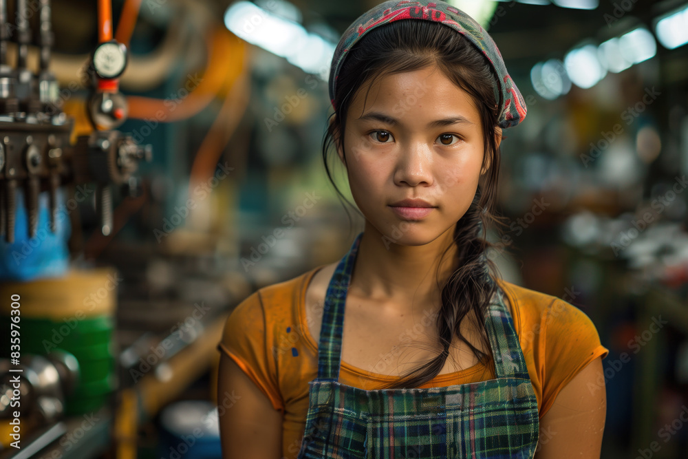 Young Female Factory Worker in Plaid Apron. Young Female Factory Worker in Plaid Apron.