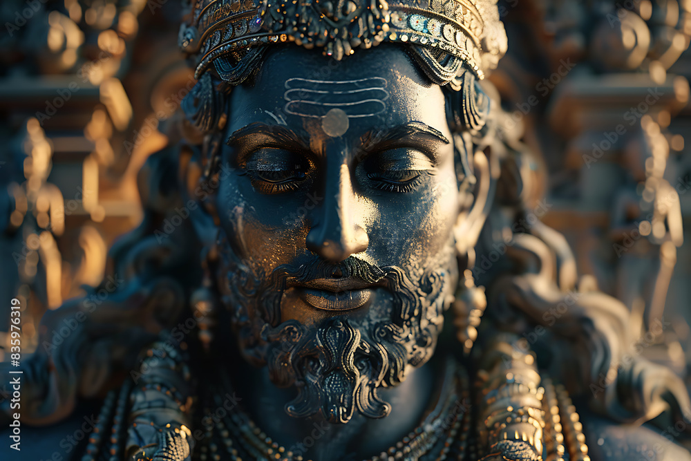 An intricately detailed statue of an Indian god, showcasing rich cultural heritage and spiritual significance. An intricately detailed statue of an Indian god, showcasing rich cultural heritage and spiritual significance.