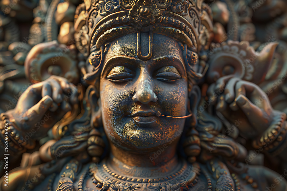 An intricately detailed statue of an Indian god, showcasing rich cultural heritage and spiritual significance. An intricately detailed statue of an Indian god, showcasing rich cultural heritage and spiritual significance.