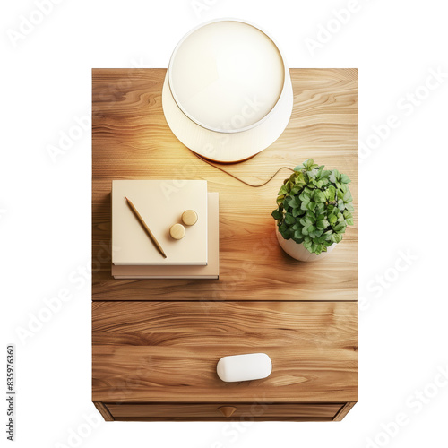 Wooden Bedside Table Lamp Night Setting Top View White Isolated on Transparent or White Background, PNG