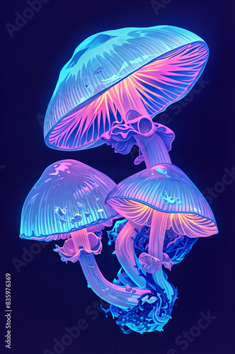 A mushroom glowing with neon light on a dark background. Illustration of forest mushrooms in a bright glow. Graphic material for printing, posters, stickers photo