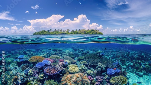 A vibrant coral reef under the clear sea  with an open area of water above for adding text