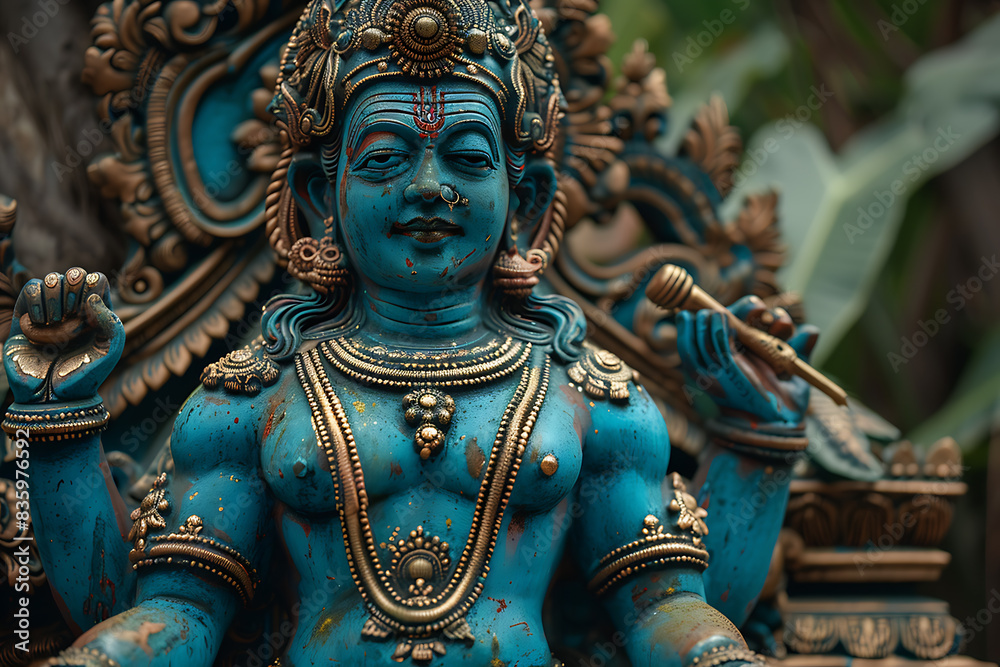 An intricately detailed statue of an Indian god, showcasing rich cultural heritage and spiritual significance. An intricately detailed statue of an Indian god, showcasing rich cultural heritage and spiritual significance.