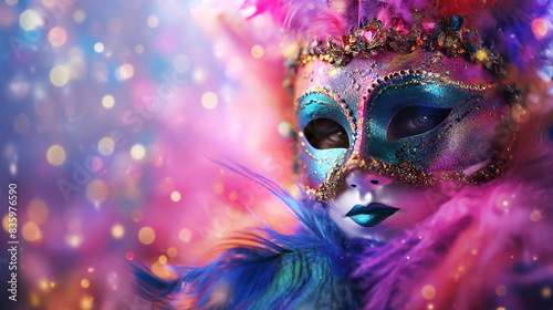 Mardi gras festival background with colorful mask, feathers and decorations surrounded by confetti