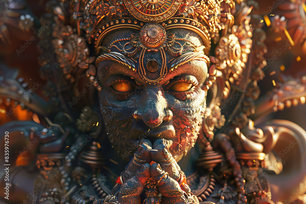 An intricately detailed statue of an Indian god, showcasing rich cultural heritage and spiritual significance.