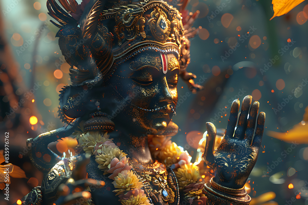An intricately detailed statue of an Indian god, showcasing rich cultural heritage and spiritual significance. An intricately detailed statue of an Indian god, showcasing rich cultural heritage and spiritual significance.