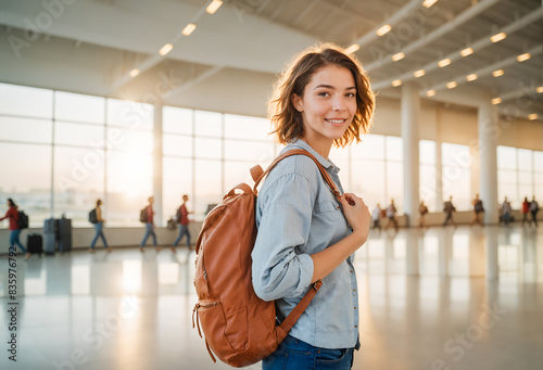 Young Woman Smiles at Airport, Ready for Adventure